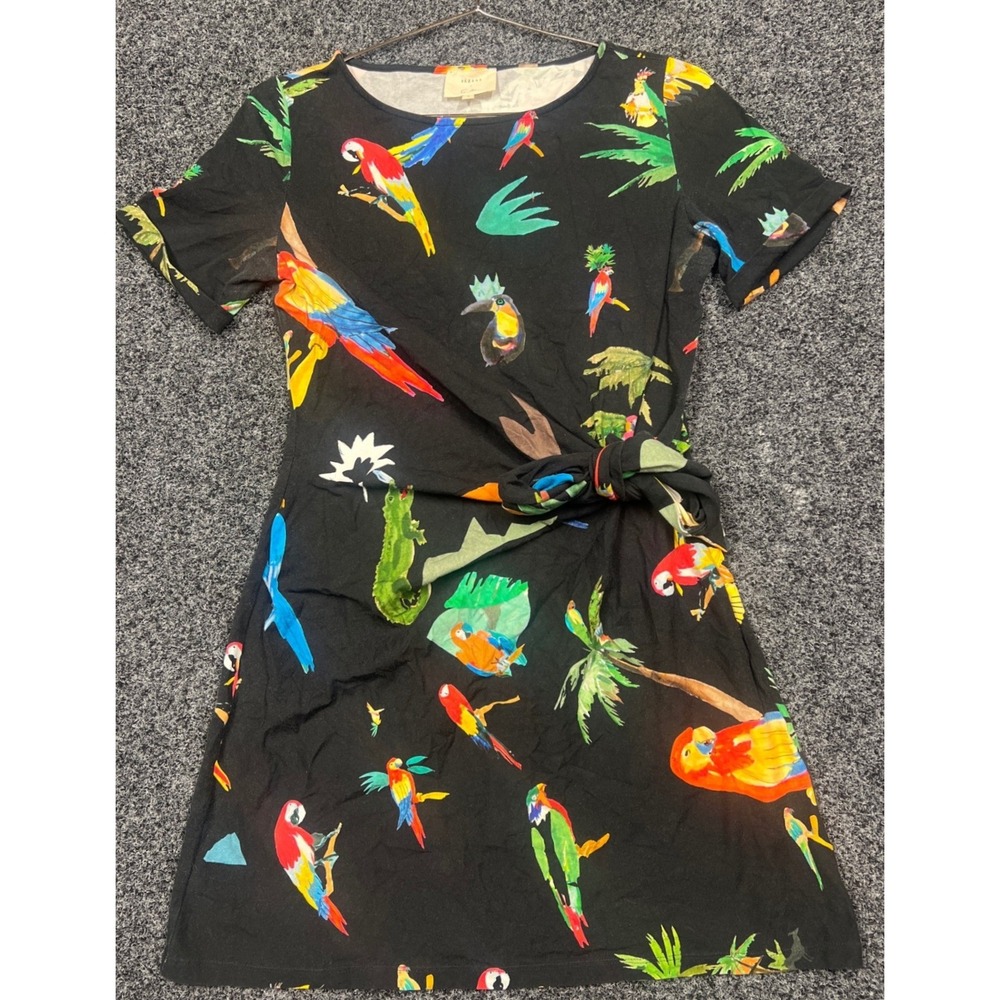 Sezane Dress Womens S Black Parrot Print C. Kano Knot Front Mini Tropical Boho
